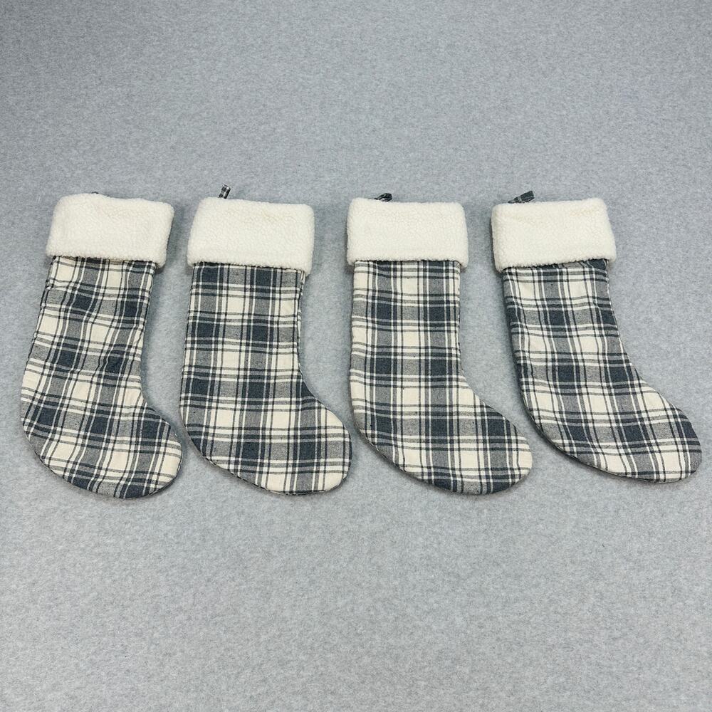 Holiday Home Christmas Stocking Gray Plaid White Sherpa Cuff Set of 4 Farmhouse